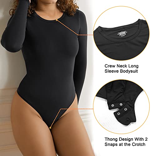 SHAPERX Body Mujer Manga Larga Bodysuit Top Cuello Redondo Elástico Body Suit Tanga, UK-SZ5242-Black-M