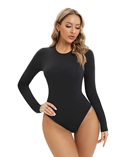 SHAPERX Body Mujer Manga Larga Bodysuit Top Cuello Redondo Elástico Body Suit Tanga, UK-SZ5242-Black-M