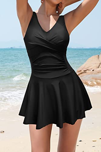 SHEKINI Vestido de baño para mujer, traje de baño de una pieza, falda de natación cruzada, bikini de mujer, cintura abdominal, control abdominal, vestido de natación para mujer, Negro , L