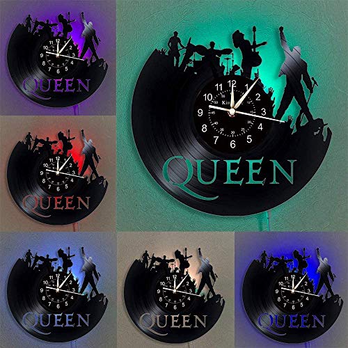 SHHAO The Queen Rock Music Band - Reloj de pared de vinilo, lámpara de noche LED, 7 colores, regalos únicos hechos a mano decoración de pared para el hogar (con luz)