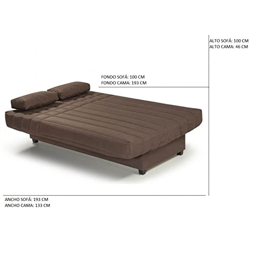 SHIITO - Sofá Cama con 3 Plazas y Arcón Interior - 100 x 193 x 100 cm - Modelo Romeo - Apertura Clic-Clac - Incluye 2 Cojines - Color Marrón Chocolate