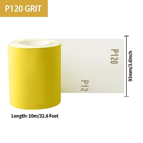 Shineboc 93 mm x 10 metros grano 120, papel de lija de cuarzo para madera, metal, pintura, yeso, masilla, automoción, compatible con lijadoras manuales