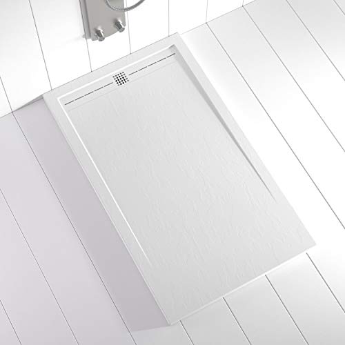 Shower Online Plato de ducha Resina FLOW - 70x80 - Textura Pizarra - Antideslizante - Todas las medidas disponibles - Incluye Rejilla Color Blanco y Sifón - Blanco RAL 9003