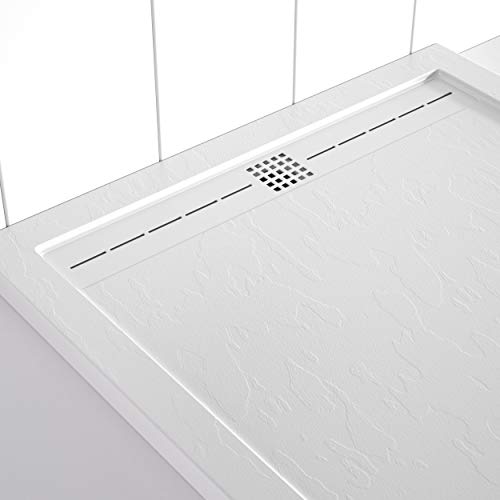 Shower Online Plato de ducha Resina FLOW - 70x80 - Textura Pizarra - Antideslizante - Todas las medidas disponibles - Incluye Rejilla Color Blanco y Sifón - Blanco RAL 9003