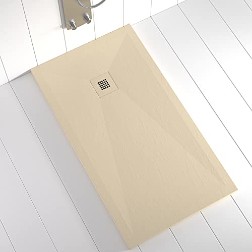 Shower Online Plato de ducha Resina PLES - 100x120 - Textura Pizarra - Antideslizante - Todas las medidas disponibles - Incluye Rejilla Color y Sifón - Crema RAL 7015