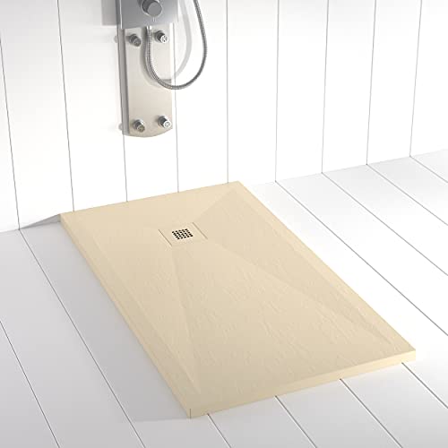 Shower Online Plato de ducha Resina PLES - 100x120 - Textura Pizarra - Antideslizante - Todas las medidas disponibles - Incluye Rejilla Color y Sifón - Crema RAL 7015