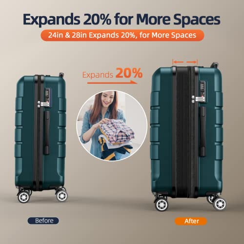 SHOWKOO Juego de Maletas de Viaje 3 Piezas Rígidas ABS+PC Ampliable Maleta Trolley Cabina Ligero Duradero con 4 Ruedas Dobles Giratorias y Cerradura TSA (M L XL- Verde)