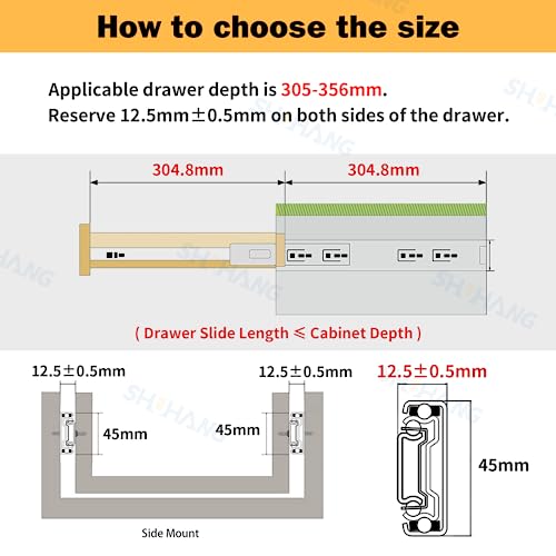 SHUHANG Guías para cajones de gabinete, resistentes, capacidad de carga de 45 kg, extensión completa con rodamientos de bolas, 200, 250, 300, 350, 400, 450, 500, 550, 600 mm, montaje lateral, 1 par