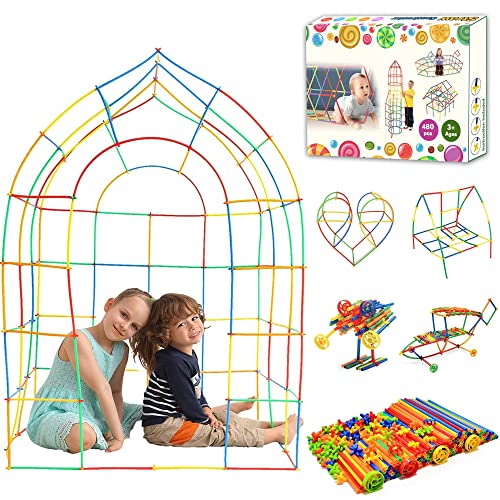 SIENIANLINE Kit De Construcción De Fuertes para Niños 3 a 12 años, Juego De Construcción para Interiores con Palos De Construcción, Túneles De Construcción De Fortalezas De Bricolaje(480pcs)