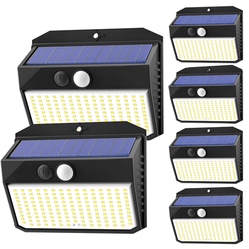 SIGRILL Luz Solar Exterior, 150LED Luces Solares Con Sensor De Movimiento, 6 Paquete Focos Solares Exterior con 3 Modos, IP65 Impermeable Lamparas Exterior para Jardín, Garaje, Calle, Patio, Caminos