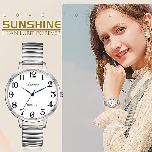 Silverora Reloj de pulsera elástico para mujer, esfera grande, analógico, de cuarzo, con correa elástica, transparente, fácil de leer, con escala de números árabes, regalos para mujeres, plata mayor