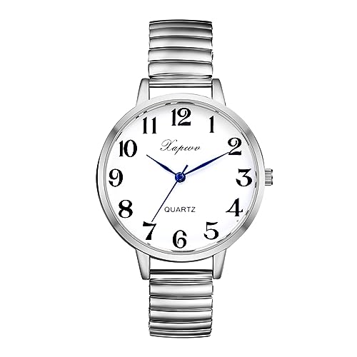 Silverora Reloj de pulsera elástico para mujer, esfera grande, analógico, de cuarzo, con correa elástica, transparente, fácil de leer, con escala de números árabes, regalos para mujeres, plata mayor