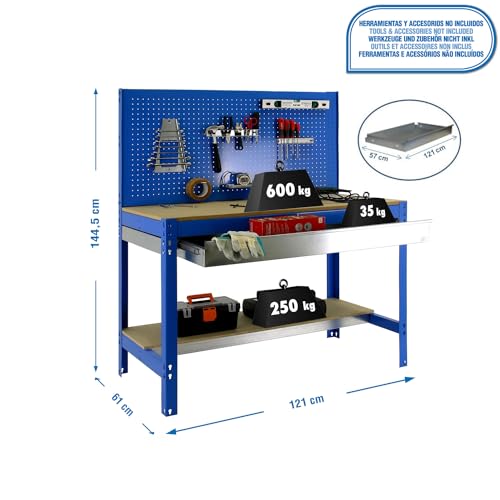 SimonRack Banco de Trabajo Taller, Capacidad Carga 600 kg, 1445x1210x610 mm, Mesa de Trabajo, 1 Cajón, Azul/Madera - BT2