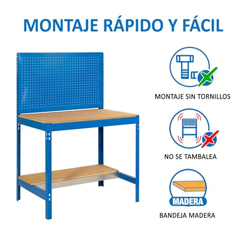 SimonRack Banco de Trabajo Taller, Capacidad Carga 600 kg, 1445x1210x610 mm, Mesa de Trabajo, 1 Cajón, Azul/Madera - BT2