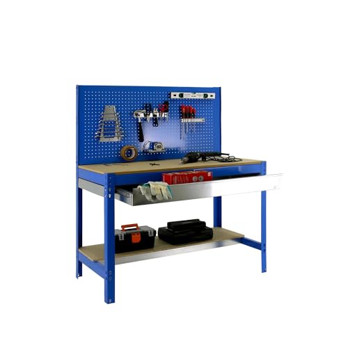 SimonRack Banco de Trabajo Taller, Capacidad Carga 600 kg, 1445x1210x610 mm, Mesa de Trabajo, 1 Cajón, Azul/Madera - BT2