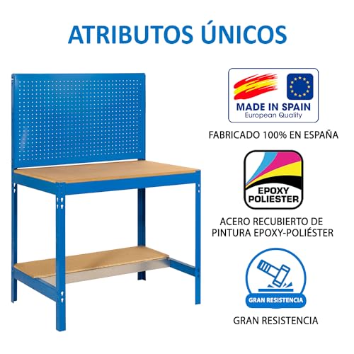 SimonRack Banco de Trabajo Taller, Capacidad Carga 600 kg, 1445x1210x610 mm, Mesa de Trabajo, 1 Cajón, Azul/Madera - BT2