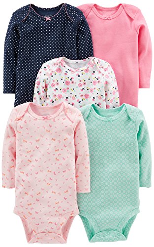 Simple Joys by Carter's 5-Pack Long-Sleeve Bodysuit Body, Azul Marino Lunares/Rosa/Verde Menta/Floral/Mariposas, 12 Meses (Pack de 5) Unisex bebé