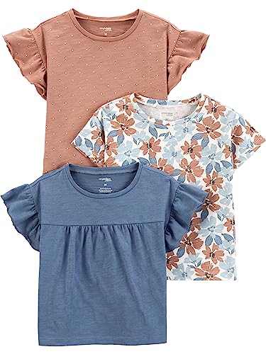 Simple Joys by Carter's Short-Sleeve Shirts and Tops, Pack of 3 Camiseta, Blanco Floral/Marrón Lunares/Tejano, 8 años (Pack de 3) para Niñas