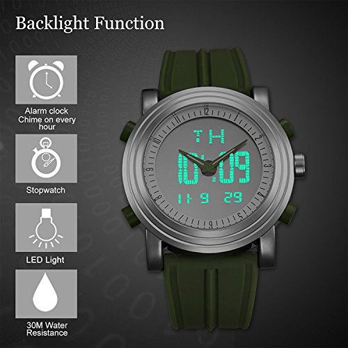 SINOBI para Hombre Reloj de Pulsera Deportivo Cuarzo electrónico Digital Reloj con Alarma Cronómetro Doble Movimiento Hombres de la muñeca Relojes s9368g (Silver Case&Green Band)