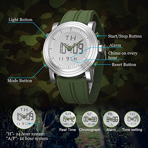 SINOBI para Hombre Reloj de Pulsera Deportivo Cuarzo electrónico Digital Reloj con Alarma Cronómetro Doble Movimiento Hombres de la muñeca Relojes s9368g (Silver Case&Green Band)