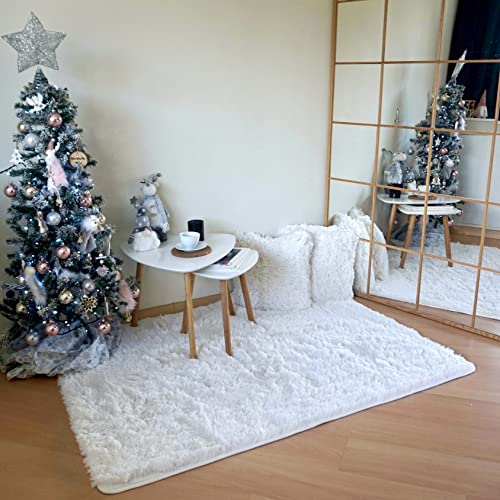 Siqseusa Alfombra Antideslizante de Pelo Largo, para Salon y Dormitorio, Tapete para Sala, Esponjosa, Lavable y Duradera 120x160cm Blanca.