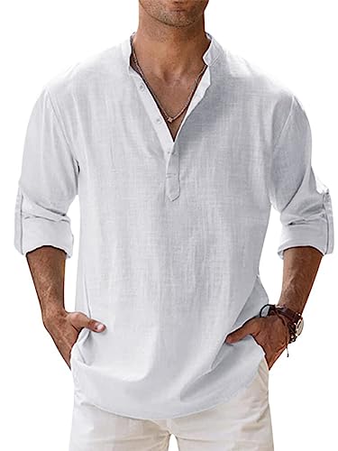 SISXIULYN Hombre Camisa de Lino Manga Larga Botónes Camisas Color Sólido Verano Beach Shirt Classic Business Casual Shirt (3XL, Blanco)