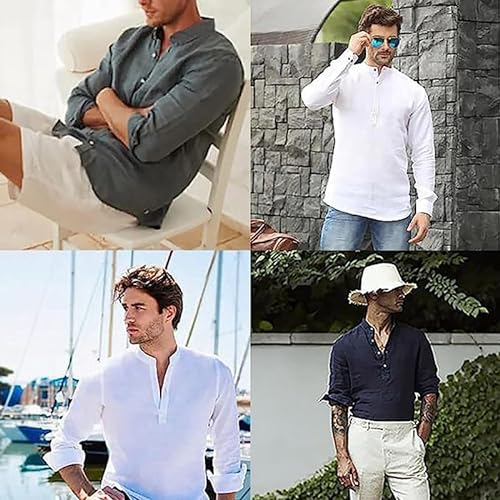 SISXIULYN Hombre Camisa de Lino Manga Larga Botónes Camisas Color Sólido Verano Beach Shirt Classic Business Casual Shirt (3XL, Blanco)