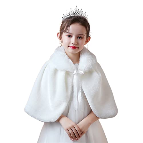 SK Studio Niñas Princesa Piel Sintética Capa Chal de Piel Sintética Chaquetilla niña de flores para Vestido Fiesta Abrigo Invierno Blanco, 8-10 años