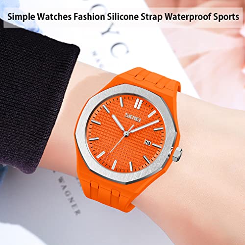 SKMEI Relojes para hombre de silicona, fácil de leer, impermeable, deportivo, casual, a la moda, analógico, de cuarzo, luminoso, regalos para padres, reloj de pulsera negro, G9299orange, Moda