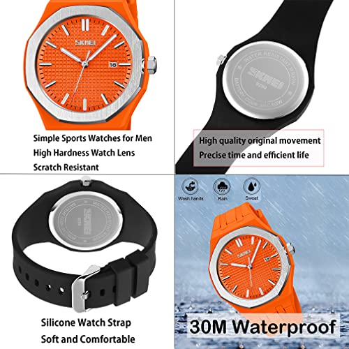 SKMEI Relojes para hombre de silicona, fácil de leer, impermeable, deportivo, casual, a la moda, analógico, de cuarzo, luminoso, regalos para padres, reloj de pulsera negro, G9299orange, Moda