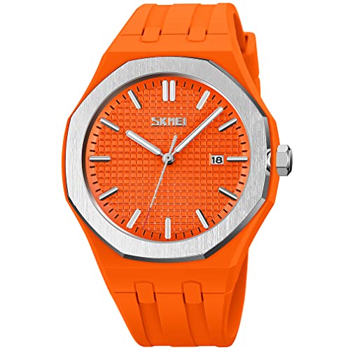 SKMEI Relojes para hombre de silicona, fácil de leer, impermeable, deportivo, casual, a la moda, analógico, de cuarzo, luminoso, regalos para padres, reloj de pulsera negro, G9299orange, Moda