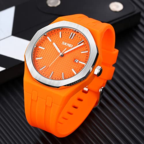 SKMEI Relojes para hombre de silicona, fácil de leer, impermeable, deportivo, casual, a la moda, analógico, de cuarzo, luminoso, regalos para padres, reloj de pulsera negro, G9299orange, Moda