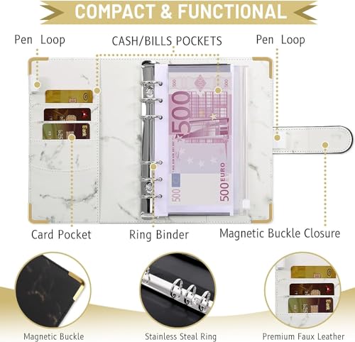 SKYDUE Carpeta Presupuesto A6 Con Desafío De Ahorro, Sobres Ahorro Dinero, Cartera Organizadora De Gastos, Agenda De Ahorro Organizador De Dinero Para Viajes Y Carpetas De Diario(Mármol Negro)