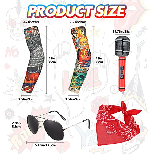 Skylety 5 Paquetes de Accesorios de Disfraz de Rocker de Los 70 80 90 con Gafas de Sol, Guitarra Hinchable, Mangas de Tatuajes de Brazo, Pañuelo de Cabeza para Adultos (Estilo de Micrófono)