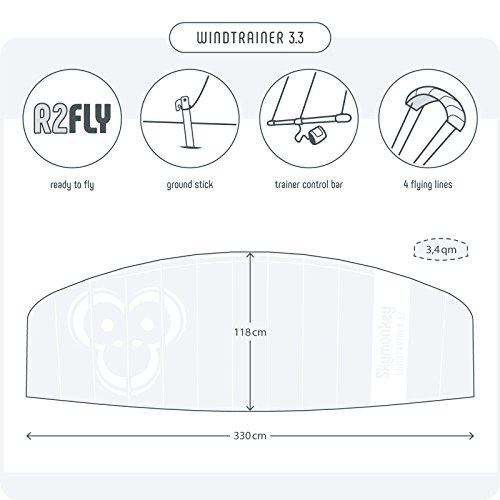 Skymonkey Windtrainer 3.3 Parafoil 4-Cordones Cometa acrobática - Envergadura: 330 cm