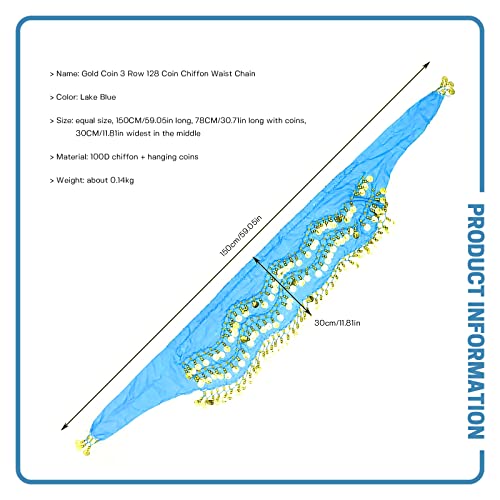 Skyzone cinturón de Danza del Vientre, Bufandas de Cadera de Danza del Vientre con 128 Monedas Trajes de Baile Azul Falda de Bailarina del Vientre