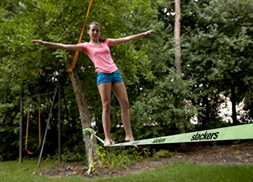 Slackers USA Slackline Classic 15m, con Línea de Enseñanza Adicional, Pasamanos para Facilitar el Aprendizaje, Protección con Trinquete, Bolsa, Ideal para Niños y Familias, 980010