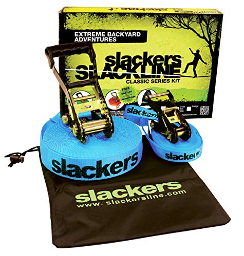 Slackers USA Slackline Classic 15m, con Línea de Enseñanza Adicional, Pasamanos para Facilitar el Aprendizaje, Protección con Trinquete, Bolsa, Ideal para Niños y Familias, 980010