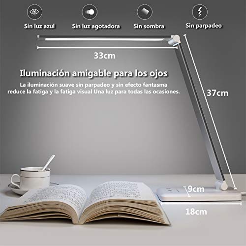 SLATOR Lámpara Escritorio LED, Flexo de Escritorio (Cuidado Ocular, Puerto USB, 5 Modos,10 Niveles de Brillo,Temporizador de 30/60min, Función de Memoria)