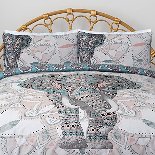 Sleepdown - Juego de Ropa de Cama, con diseño de Elefante y Mandalas, Funda de edredón y Fundas de Almohada, Reversible, hipoalergénico, de fácil Cuidado, Suave, Color Verde Azulado , tamaño Doublé