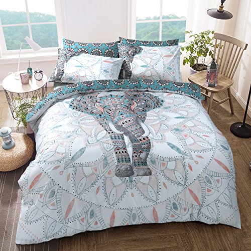 Sleepdown - Juego de Ropa de Cama, con diseño de Elefante y Mandalas, Funda de edredón y Fundas de Almohada, Reversible, hipoalergénico, de fácil Cuidado, Suave, Color Verde Azulado , tamaño Doublé