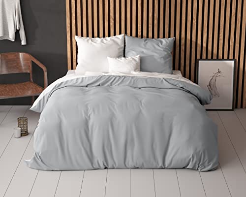 Sleeptime Ropa de Cama 100% Algodón 155cm x 220cm Gris/Blanco - Fundas Nórdicas Suaves y Sin Plancha con Cremallera - Juegos de Camas Bicolor con 2 Funda de Almohada 80cm x 80cm