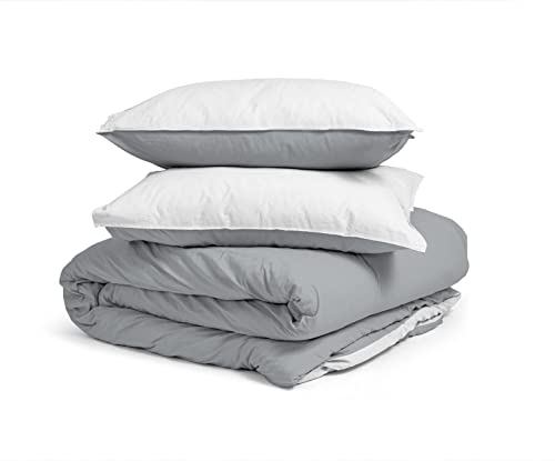 Sleeptime Ropa de Cama 100% Algodón 155cm x 220cm Gris/Blanco - Fundas Nórdicas Suaves y Sin Plancha con Cremallera - Juegos de Camas Bicolor con 2 Funda de Almohada 80cm x 80cm