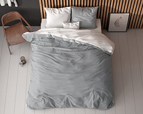 Sleeptime Ropa de Cama 100% Algodón 155cm x 220cm Gris/Blanco - Fundas Nórdicas Suaves y Sin Plancha con Cremallera - Juegos de Camas Bicolor con 2 Funda de Almohada 80cm x 80cm