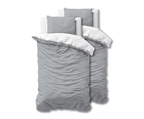 Sleeptime Ropa de Cama 100% Algodón 155cm x 220cm Gris/Blanco - Fundas Nórdicas Suaves y Sin Plancha con Cremallera - Juegos de Camas Bicolor con 2 Funda de Almohada 80cm x 80cm