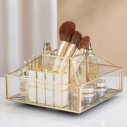 SLHEQING Organizador de maquillaje giratorio 360°, organizador de belleza de cristal, almacenamiento maquillaje dorado organizador cosmeticos