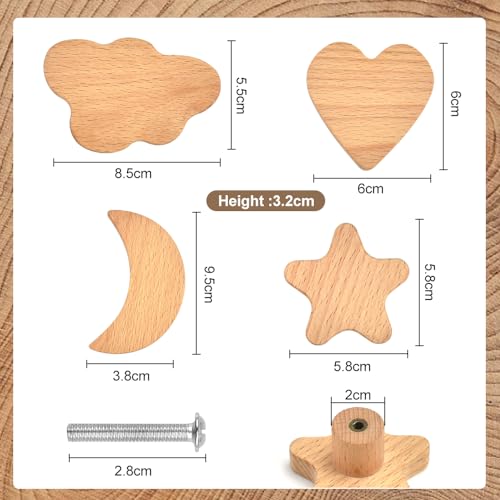 SLTAXAR 8 PCS Tiradores de Madera para Cajones Infantiles Pomos de Madera Infantiles Tiradores Madera Estrellas Nubes Luna Corazón Perillas de Madera con Tornillos para Cajones Armarios Cómodas