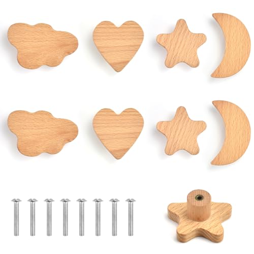 SLTAXAR 8 PCS Tiradores de Madera para Cajones Infantiles Pomos de Madera Infantiles Tiradores Madera Estrellas Nubes Luna Corazón Perillas de Madera con Tornillos para Cajones Armarios Cómodas