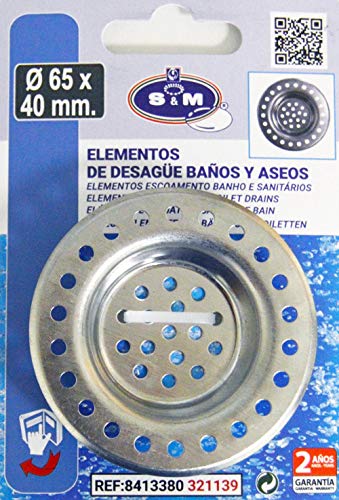 S&M Rejilla acero inoxidable para desagüe de fregadero de cocina y/o baño Ø65 x 40 mm