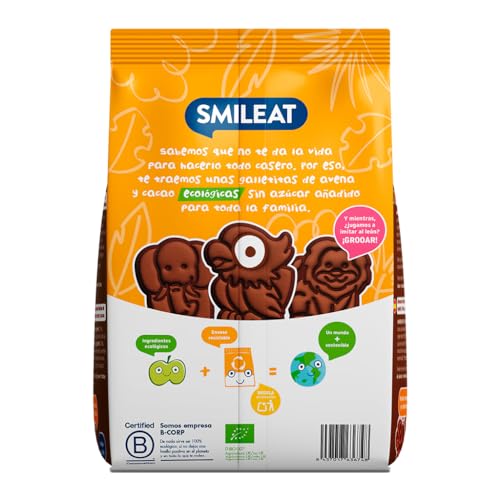 Smileat | Galletas Ecológicas de Cacao, Avena y Espelta | Para Bebés desde 10 Meses | Horneadas con Ingredientes Naturales | Snack o Merienda Sana | Sin Aceite de Palma | 220g